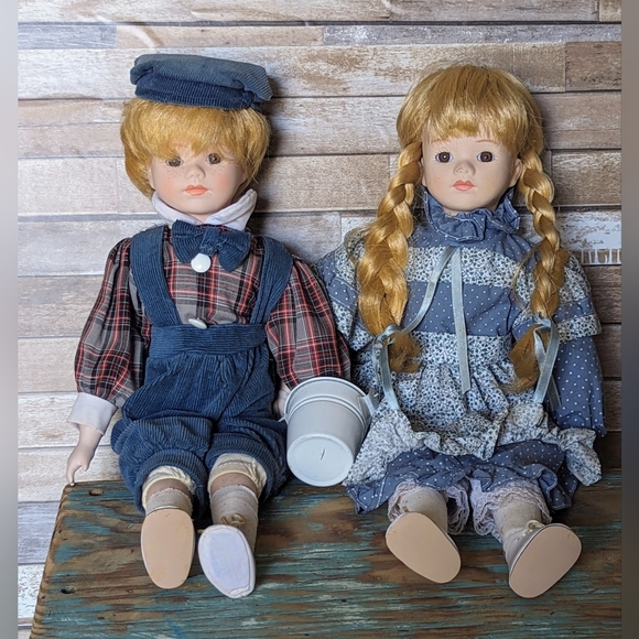 Vintage Jack & Jill Porcelain Dolls With Bucket - Picture 1 of 14